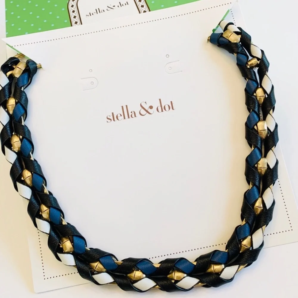 Stella & Dot | Gold, Black, White & Blue Genuine Leather Corset Necklace - Picture 4 of 8